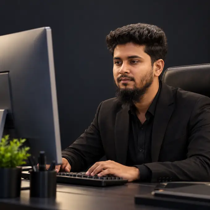 Sayed working on an SEO project at his desk